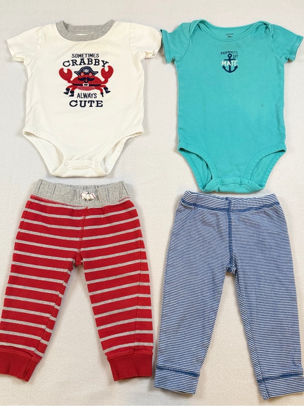 Carters Baby Boy 18M 4 Piece Set Bodysuits Pants Nautical Crab Whale Teal Red